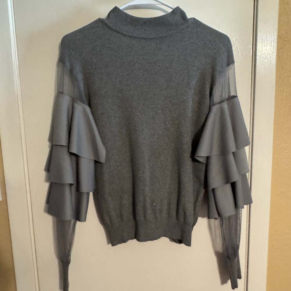 INTERBEGINNING Los Angeles Gray Ruffle Sleeve Mesh Mock Neck Sweater Women S